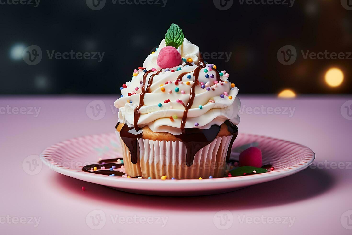 View of plate with delicious and sweet cupcake dessert, AI Generative photo