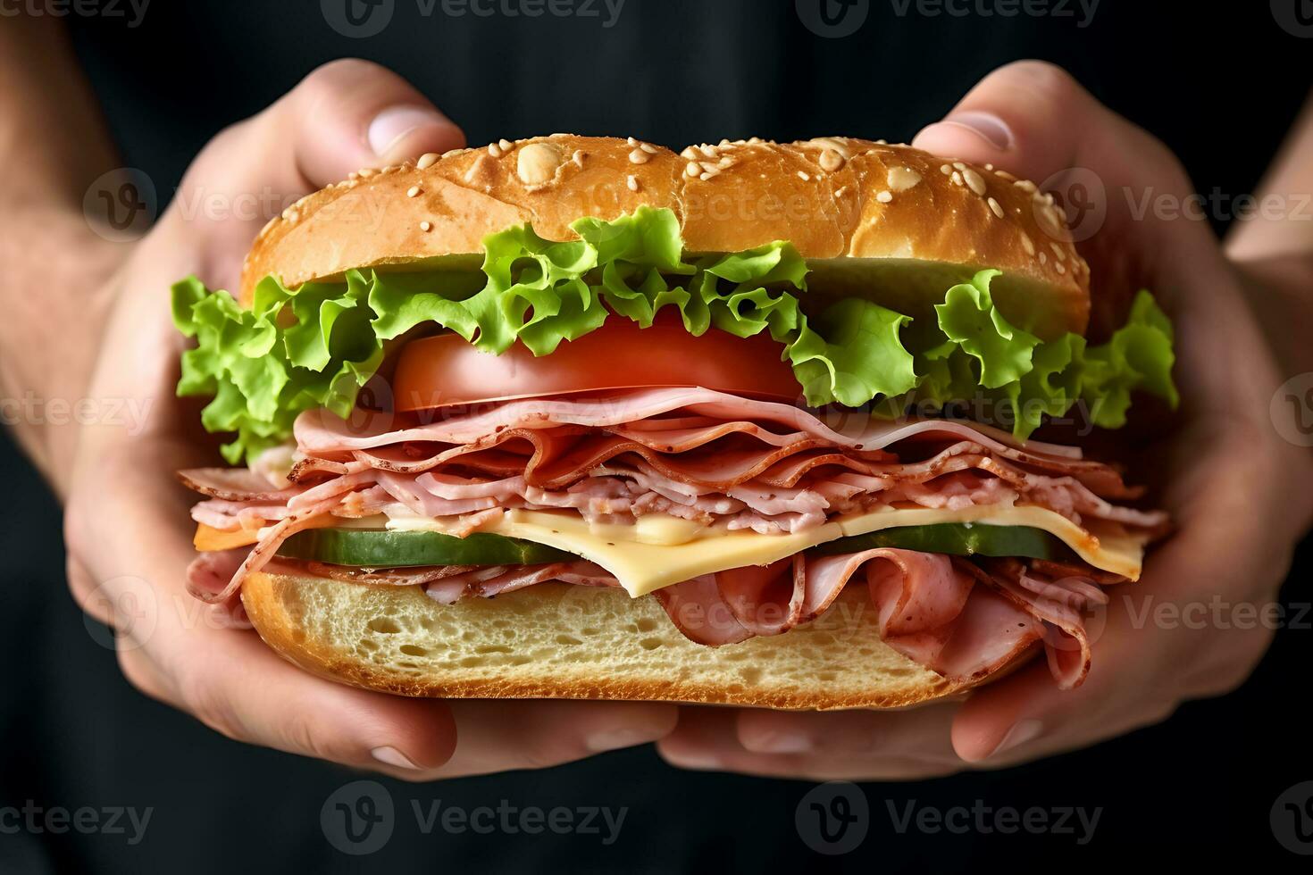 man holding in his hands tasty sandwich with ham or bacon cheese tomatoes lettuce and grain, AI Generative photo