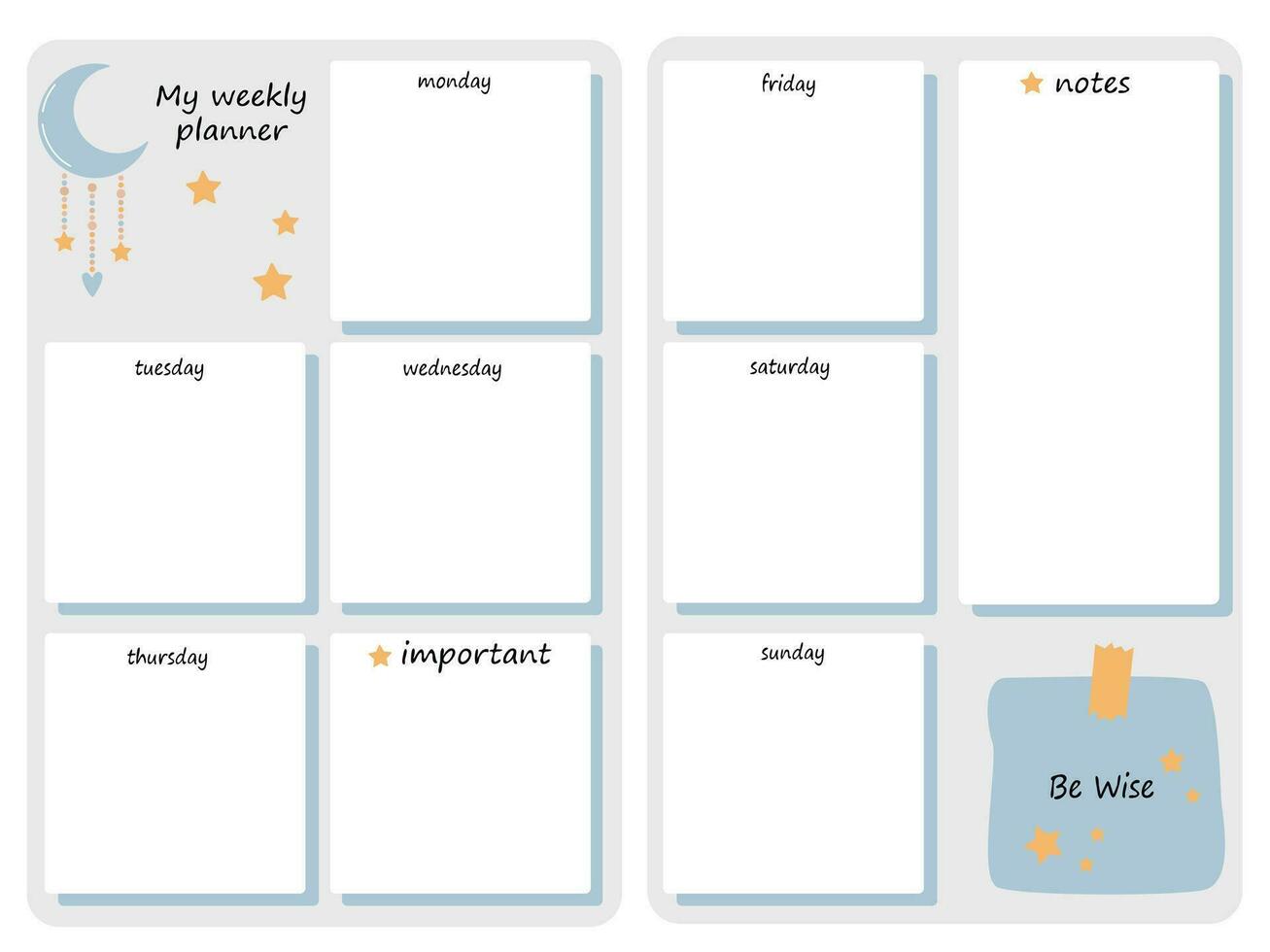 Blue vector weekly planner with boho elements hand drawn, notes, stationery organizer for daily plans, schedules