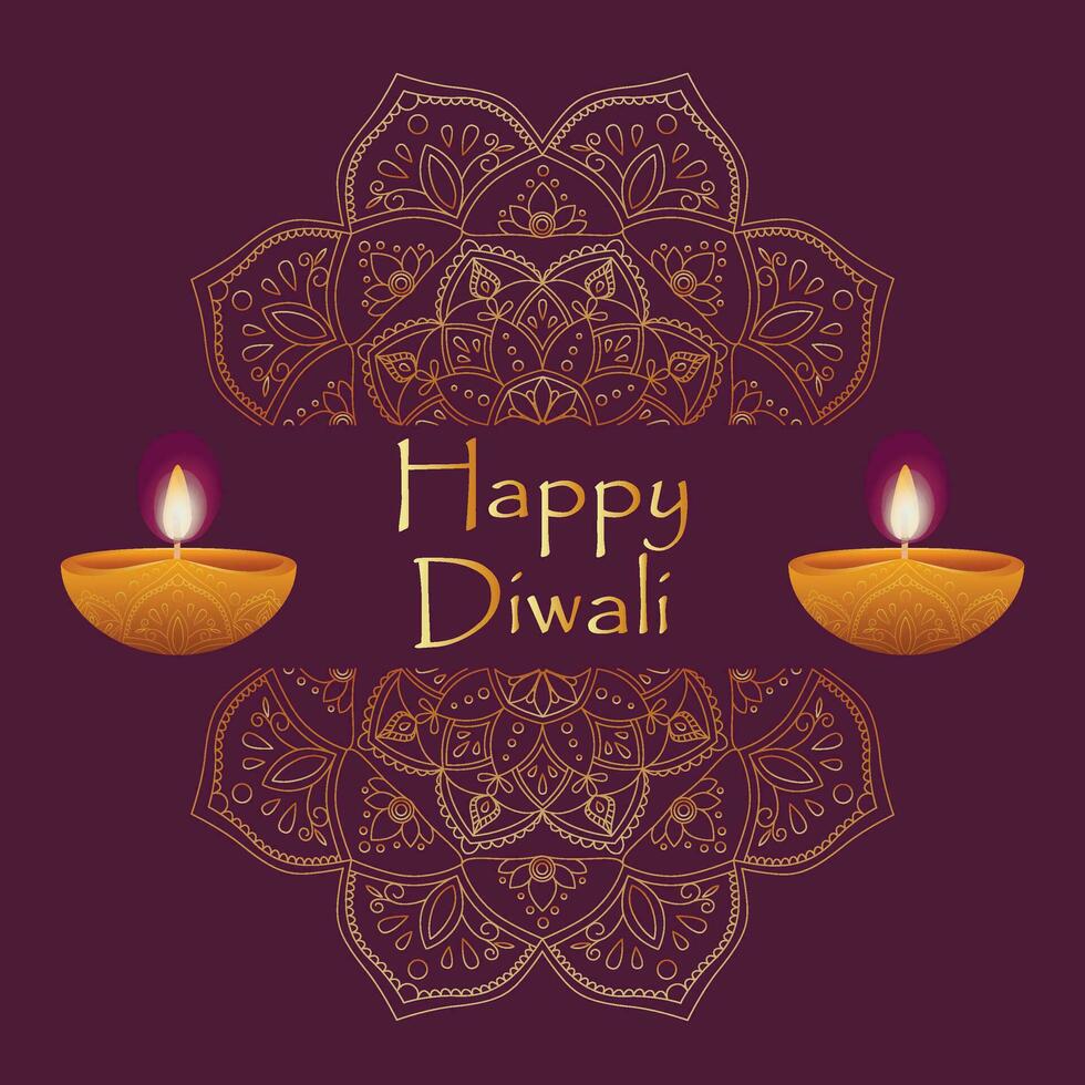 Greeting card happy diwali Indian festival of lights with diya - traditional oil lamp and ornament of rangoli vector