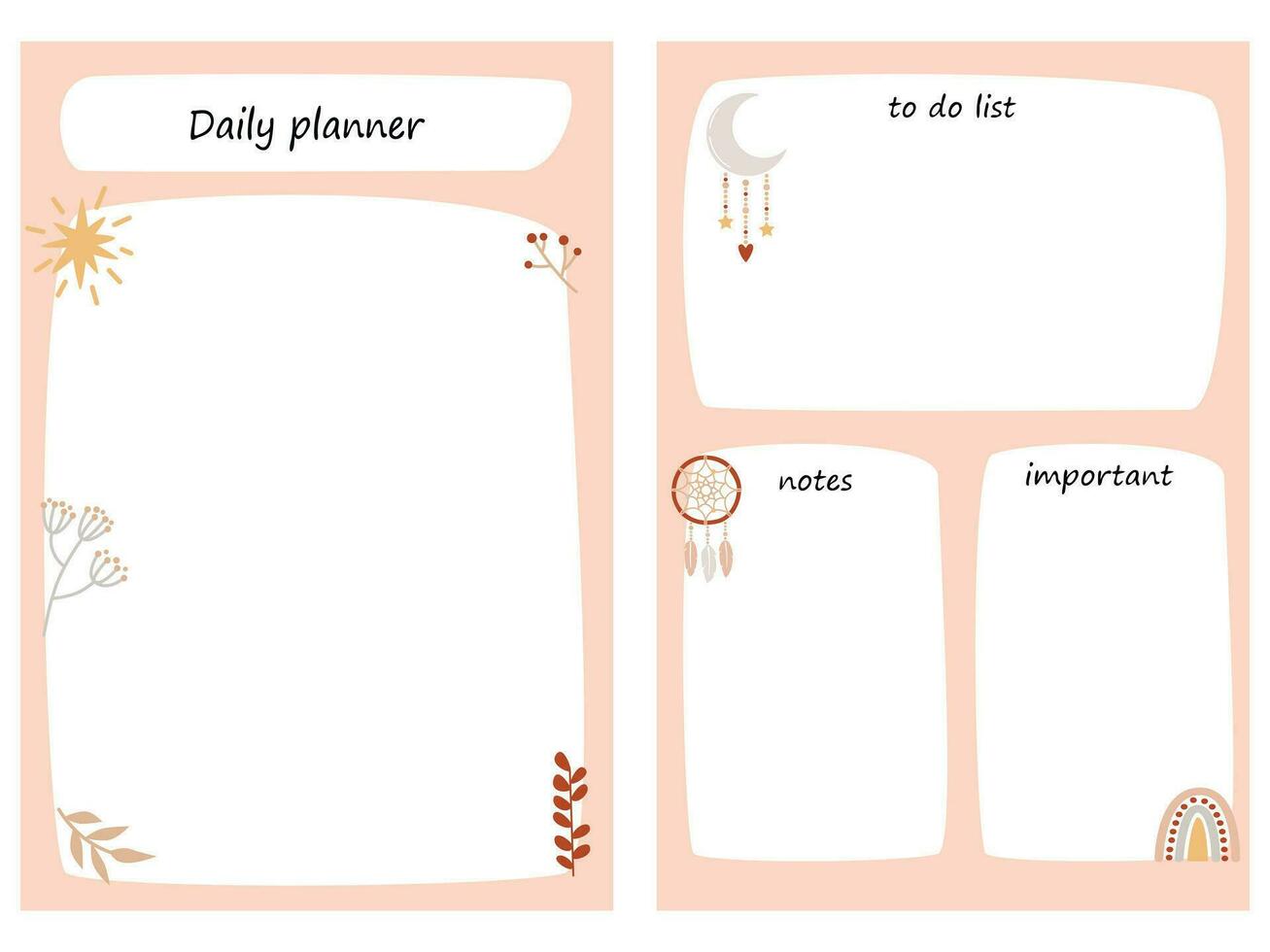 Pink vector weekly planner with boho elements hand drawn, notes, stationery organizer for daily plans, schedules