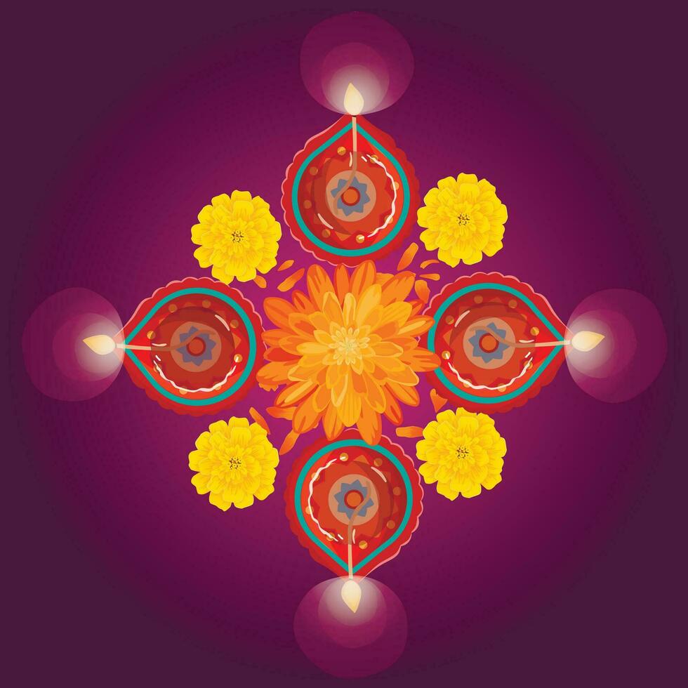 contento diwali indio festival de luces con diya - tradicional petróleo lámpara y flores vector