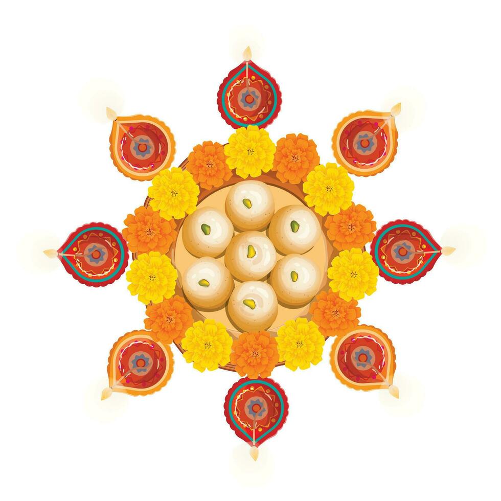 ilustración de ardiente diya y maravilla flores con peda indio dulce para ligero festival de India. diwali fiesta antecedentes vector