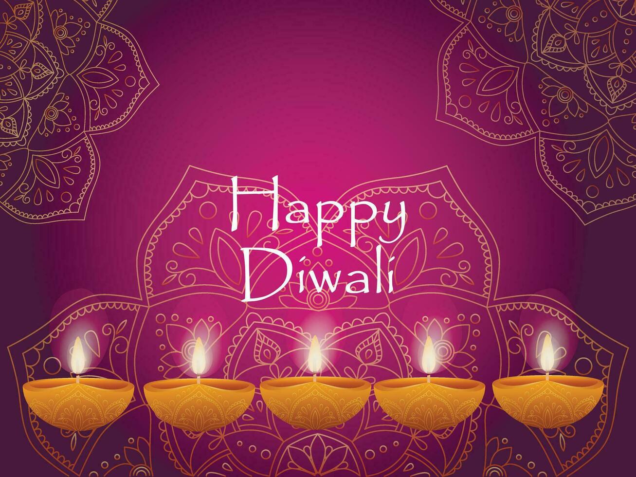 Greeting card happy diwali Indian festival of lights with diya - traditional oil lamp and ornament of rangoli vector