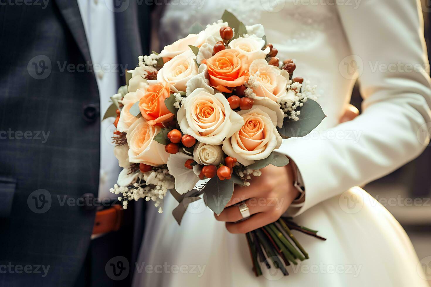 de cerca Disparo de un Boda Pareja participación un flor ramo, ai generativo foto