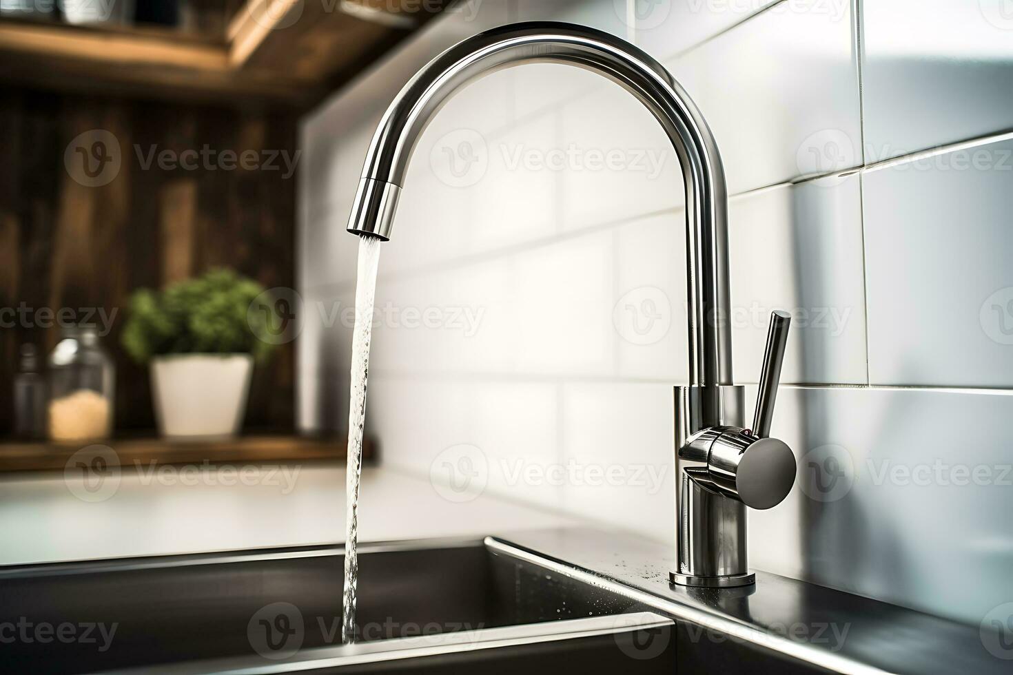 modern steel faucet in the kitchen, close up, low shoot, AI Generative photo