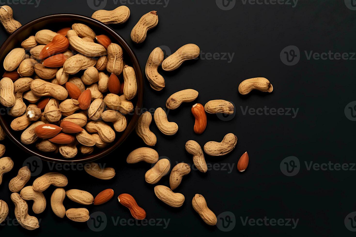 Top view raw peanuts in bowl on black table, AI Generative photo