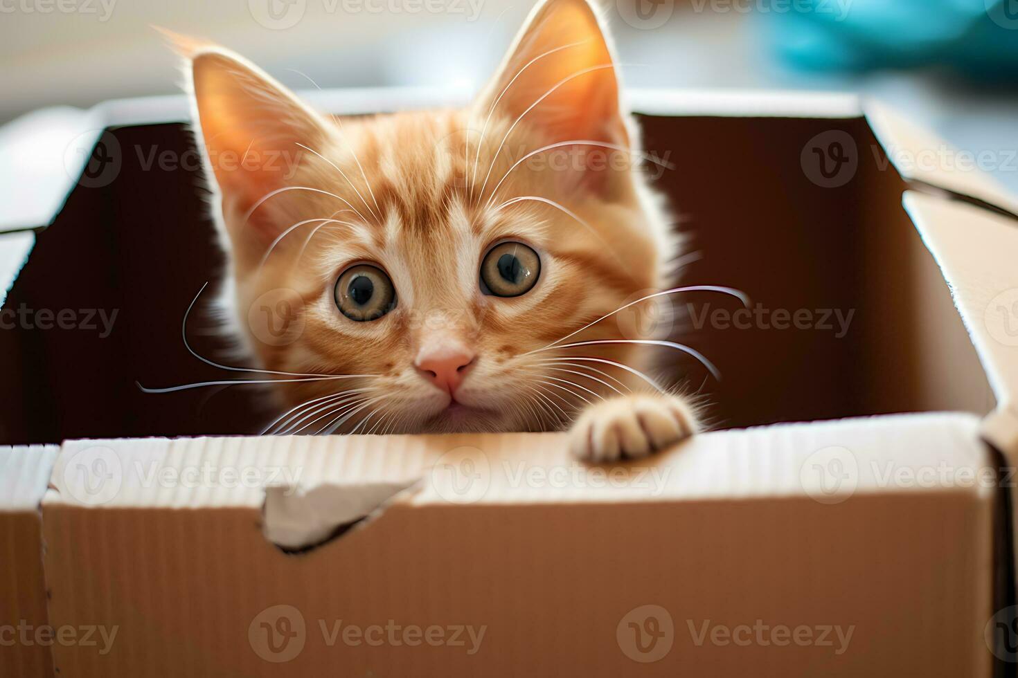 Portrait of a ginger kitten in a box looking into the distance, AI Generative photo