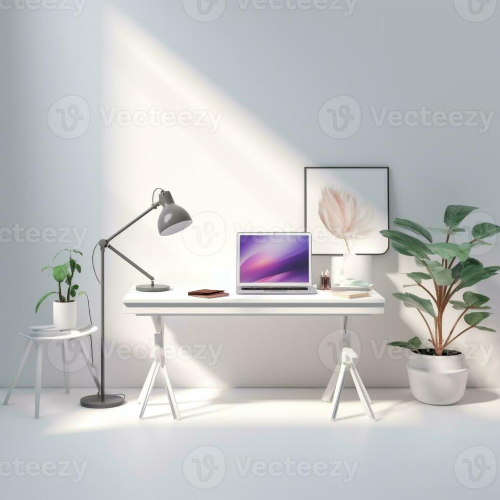 3d rendered white office table chair and laptop pc modern interior ai generative photo