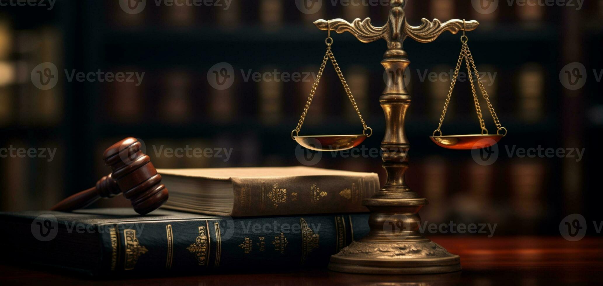 3d rendered Law legal system justice crime concept mallet gavel hammer and scales on table ai generative photo