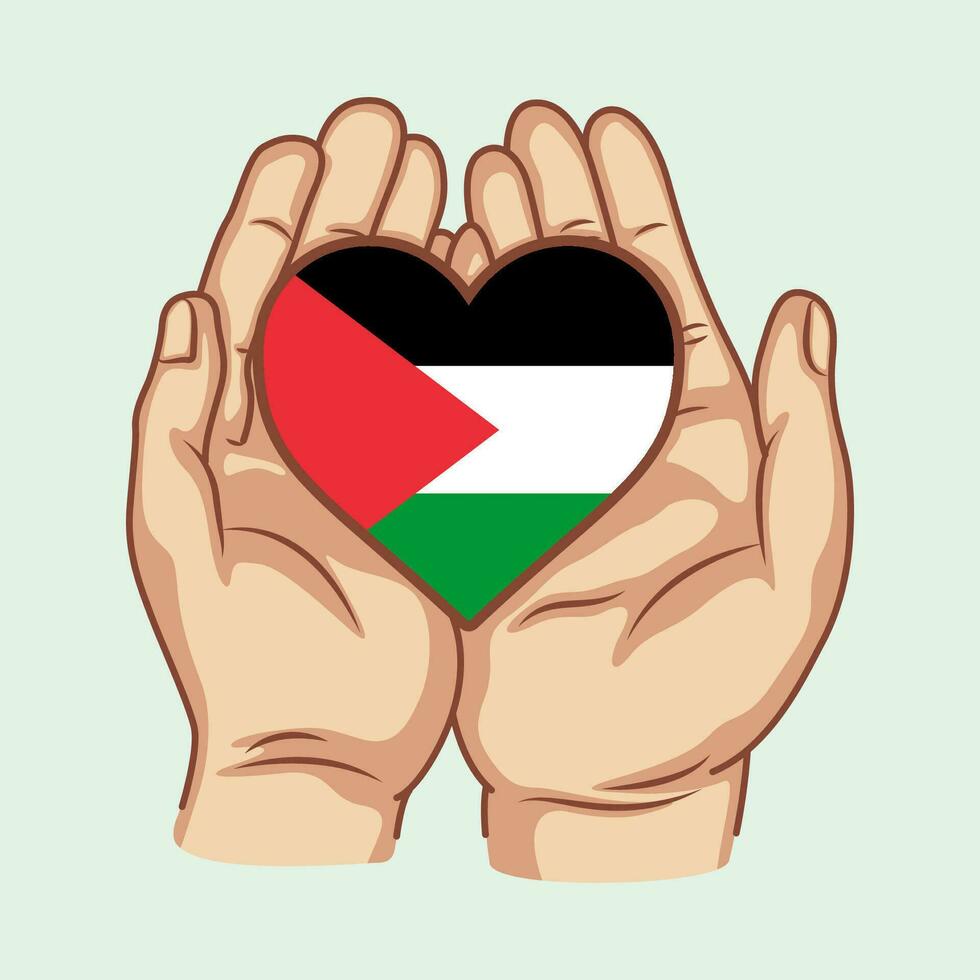 Hand save Palestine flag on heart shape illustration vector graphic