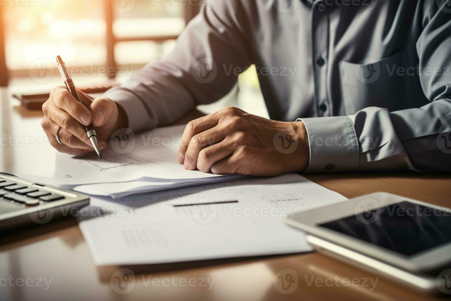 closeup of economist using calculator while going through bills and taxes in the office ai generative photo