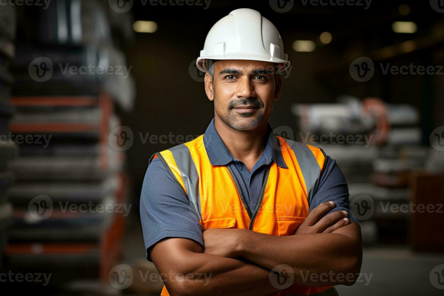 A cheerful worker in a warehouse surrounded by the clatter of machinery construction concept ai generative photo