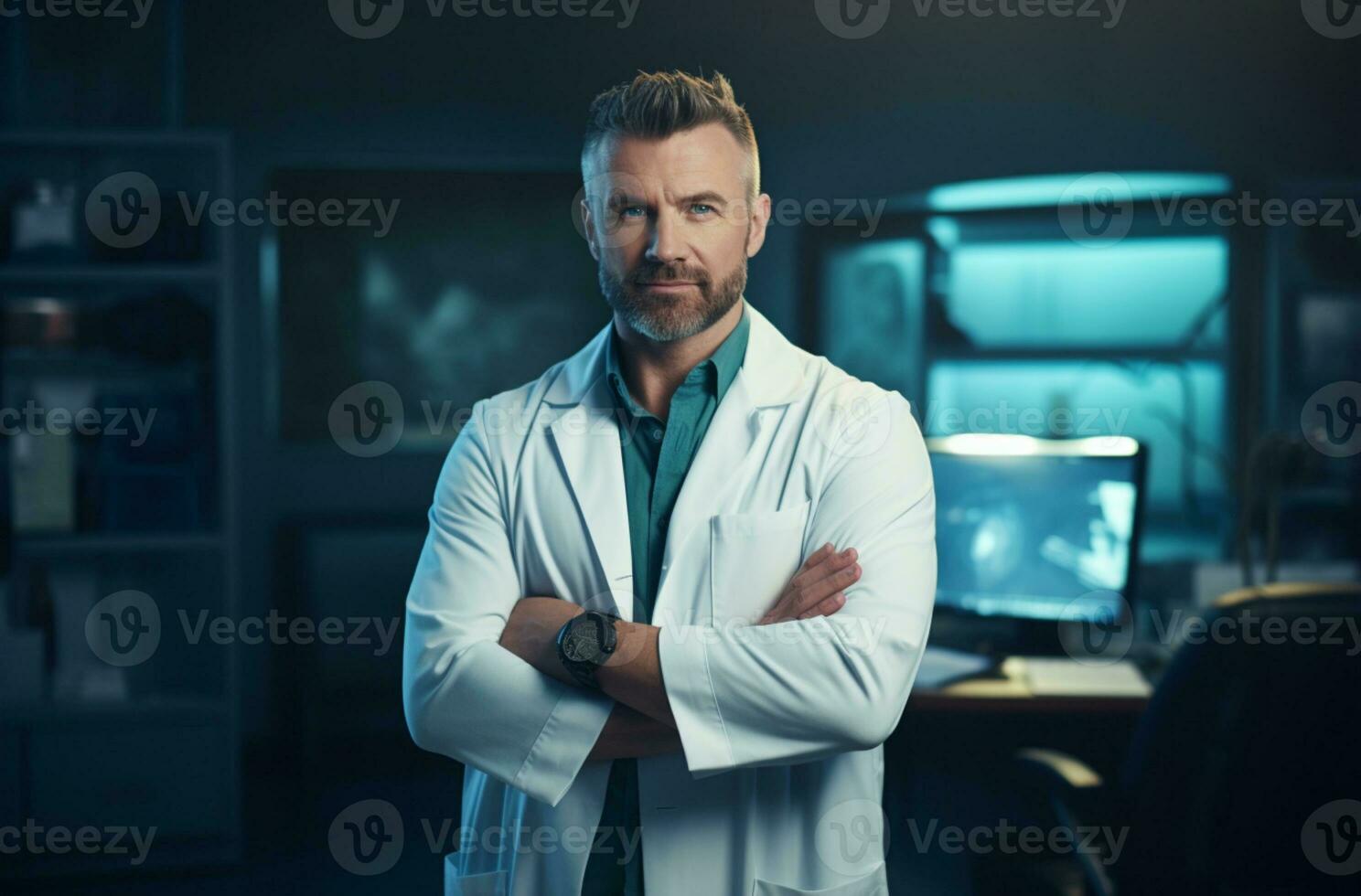 Portrait of handsome men doctor working in modern hospital ai generative photo