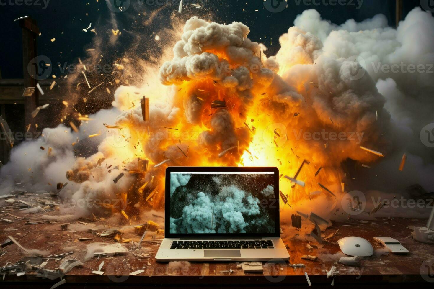 Chaotic Computer desktop exploding. Generate Ai photo