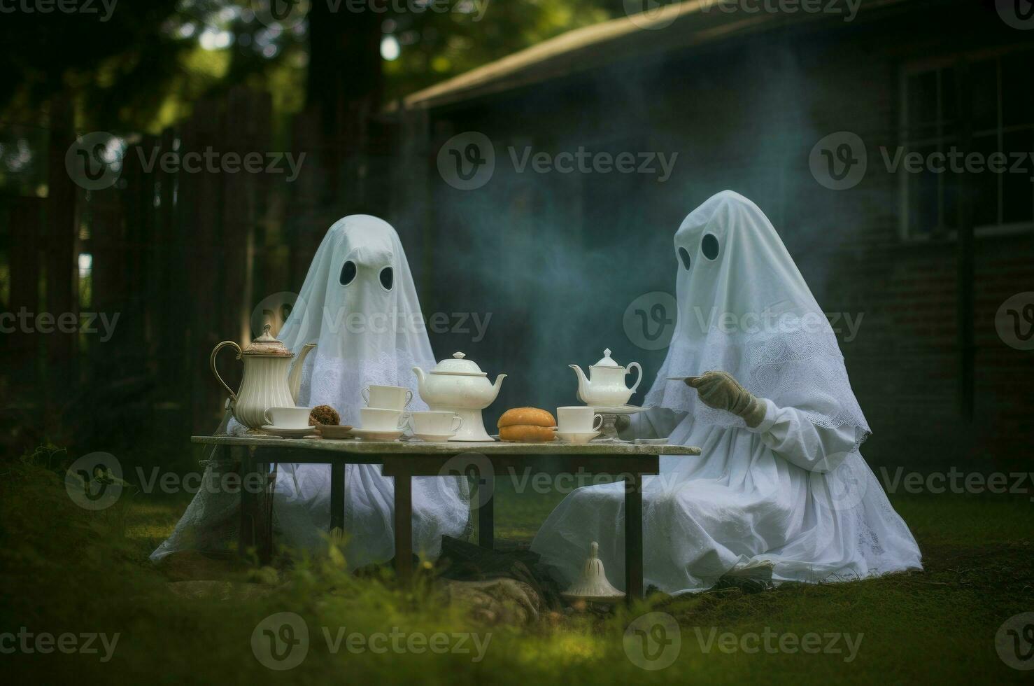 Eerie Ghosts take tea picnic house. Generate Ai photo