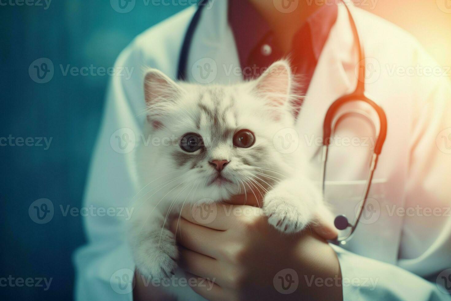 Careful Veterinarian hands catching cat. Generate Ai photo