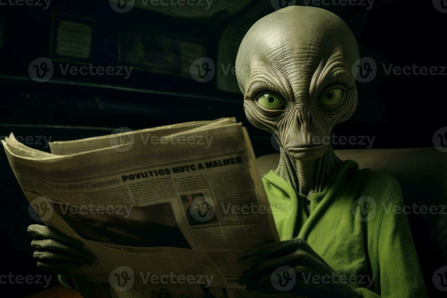 Curious alien read newspaper. Generate Ai photo