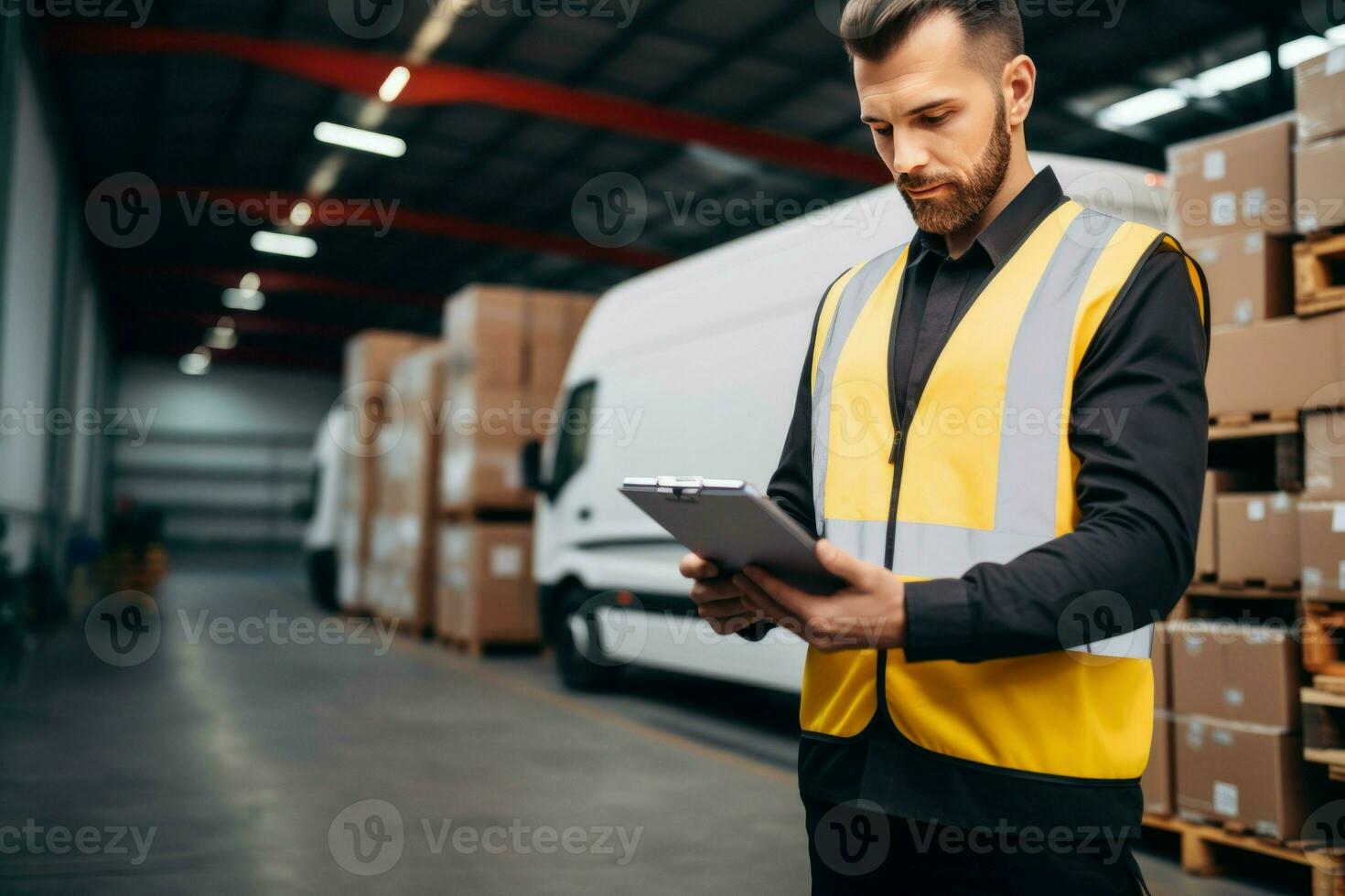 Delivery man checking list on clipboard document. Generate Ai photo