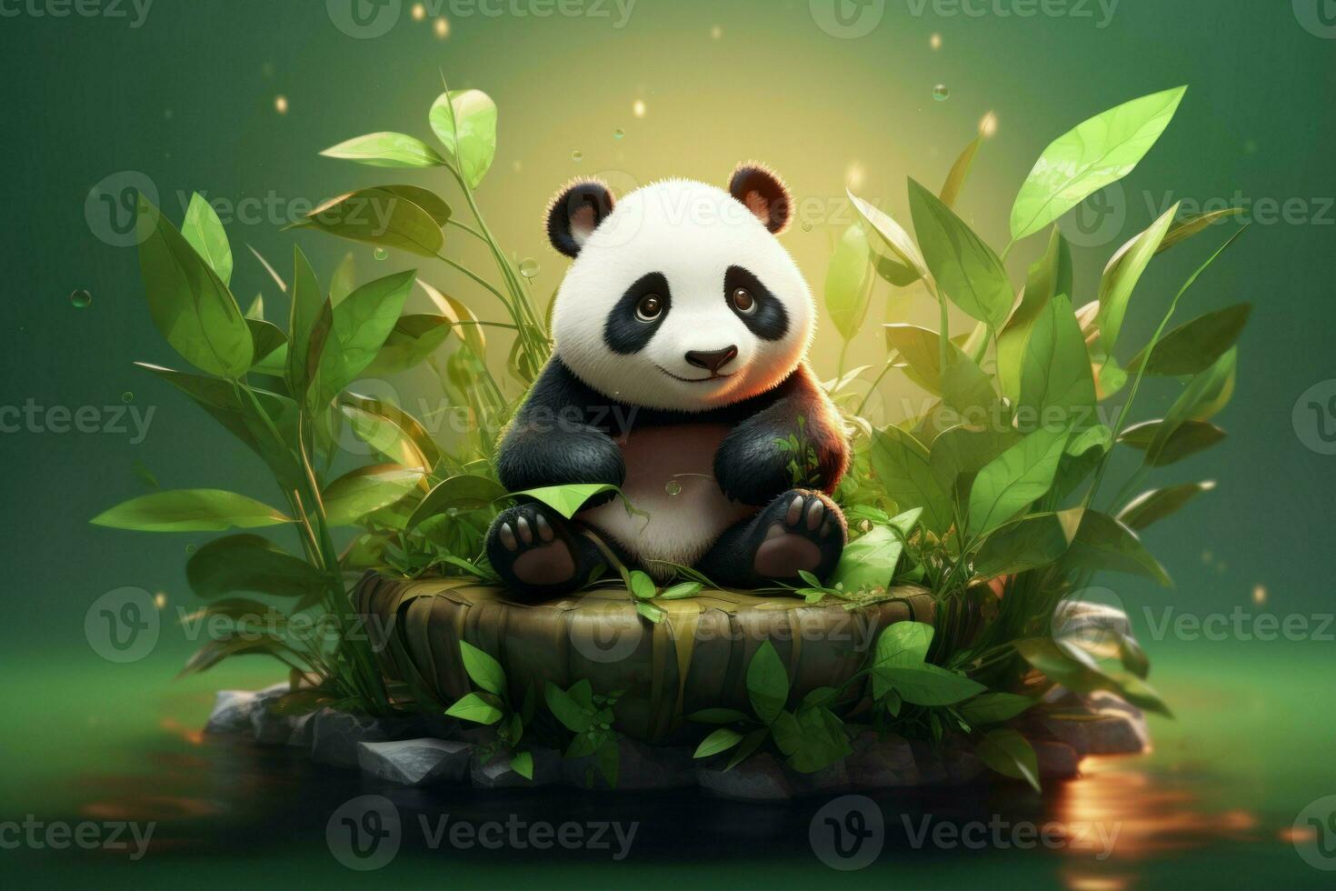Green Cute panda with bamboo nature. Generate Ai photo