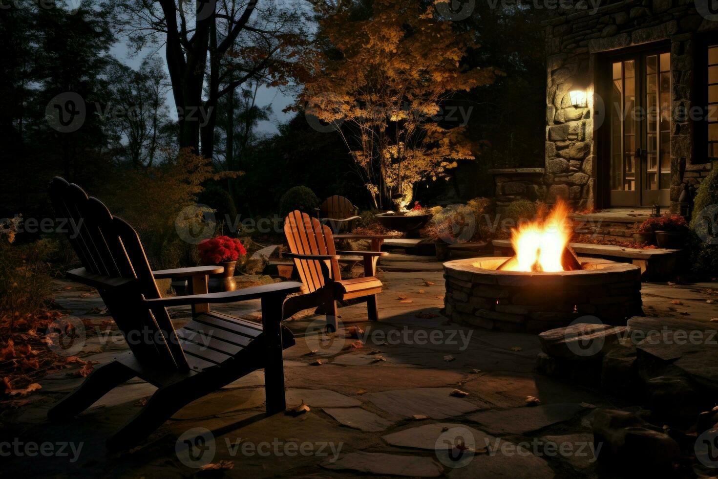 Residential open-air wood-burning pit paired with wooden stools and botanical embellishments. Generate Ai photo