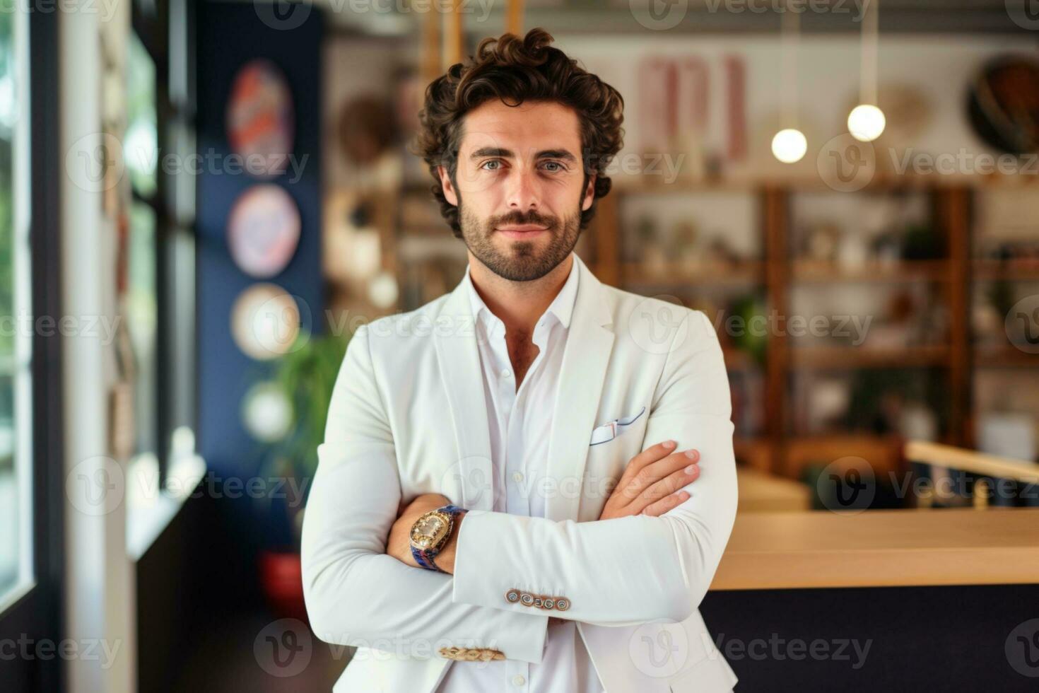 A business man stands in an office with his arms crossed. ai generative photo