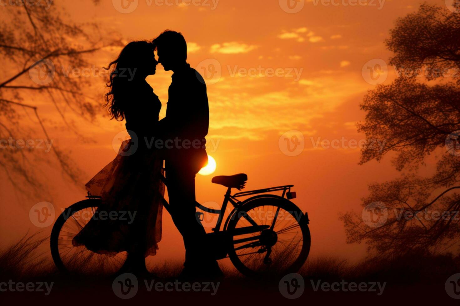 Silhouette of couple in love kissing in sunset. couple in love concept. ai generative photo