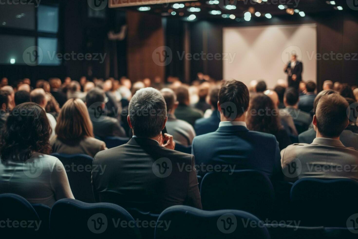 posterior lado de audiencias sentado y escuchando el altavoces en el etapa ai generativo foto