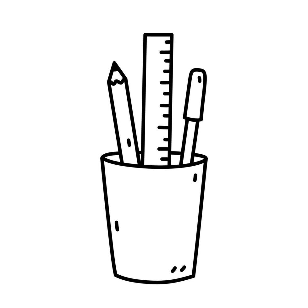 un vaso con papelería - lápiz, bolígrafo, gobernante. colegio suministros. vector dibujado a mano ilustración en garabatear estilo. Perfecto para logo, decoraciones, varios diseños