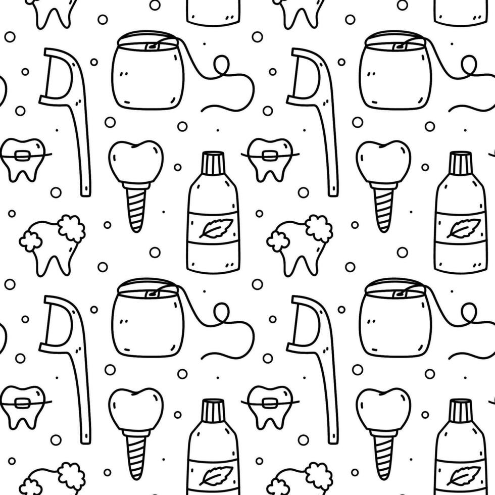 Seamless pattern with dental care items - mouthwash, dental floss, healthy teeth, implants, braces. Oral hygiene. Vector doodle hand-drawn illustration. Perfect for print, wallpaper, decorations.