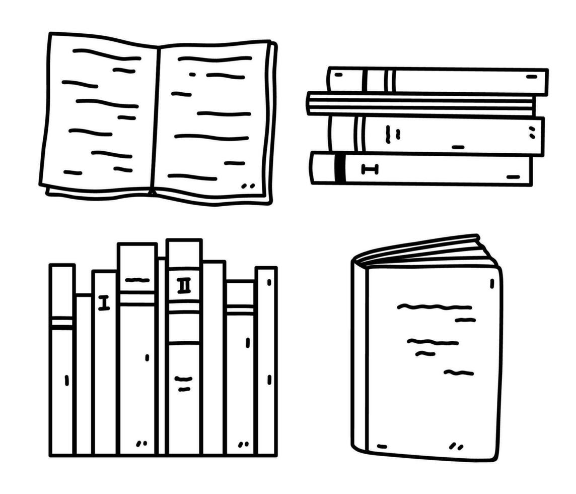 Set with stacks of books and textbooks isolated on white background. School supplies. Vector hand-drawn illustration in doodle style. Perfect for logo, decorations, various designs.