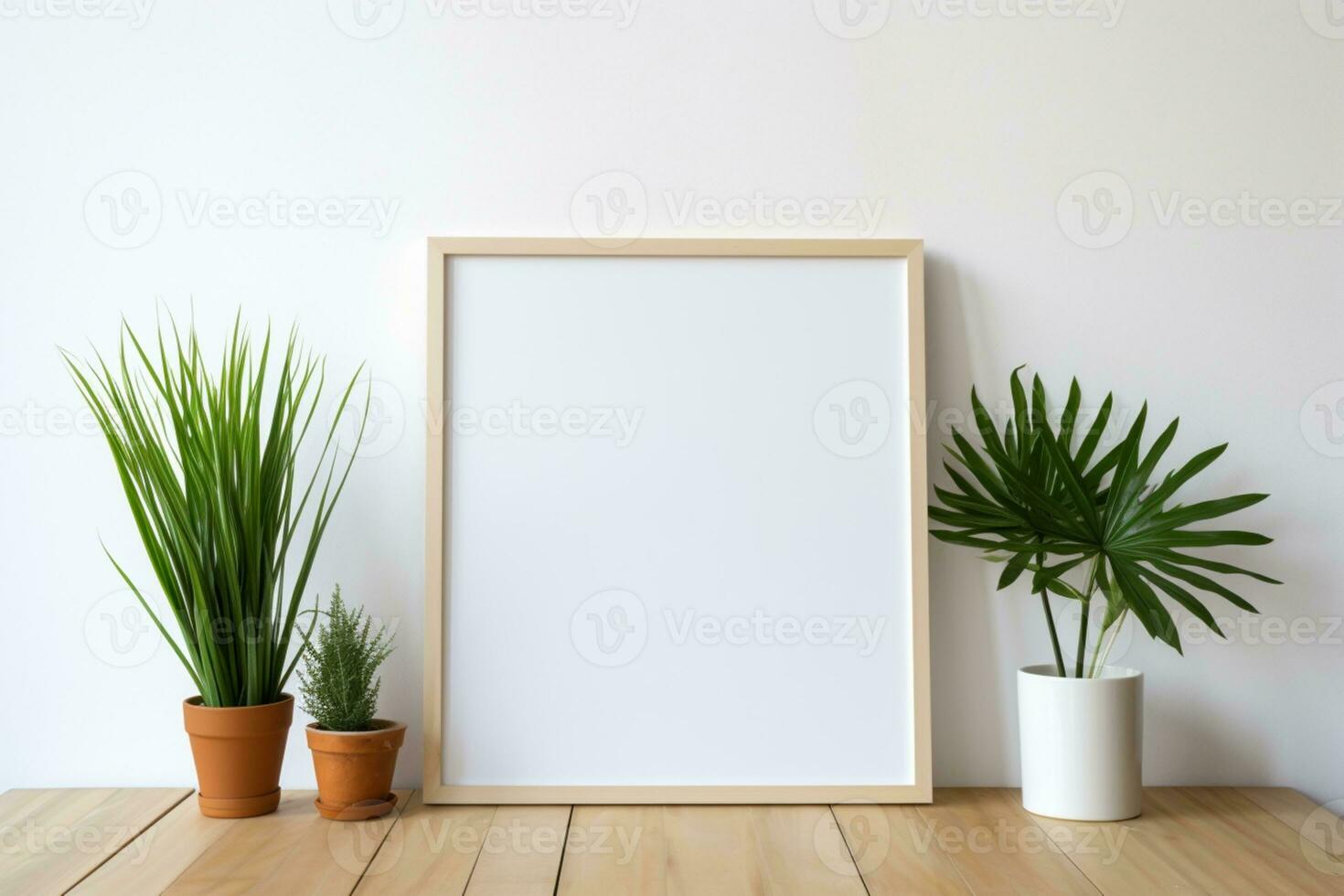 blank white frame on the wooden table with plants and pots ai generative photo
