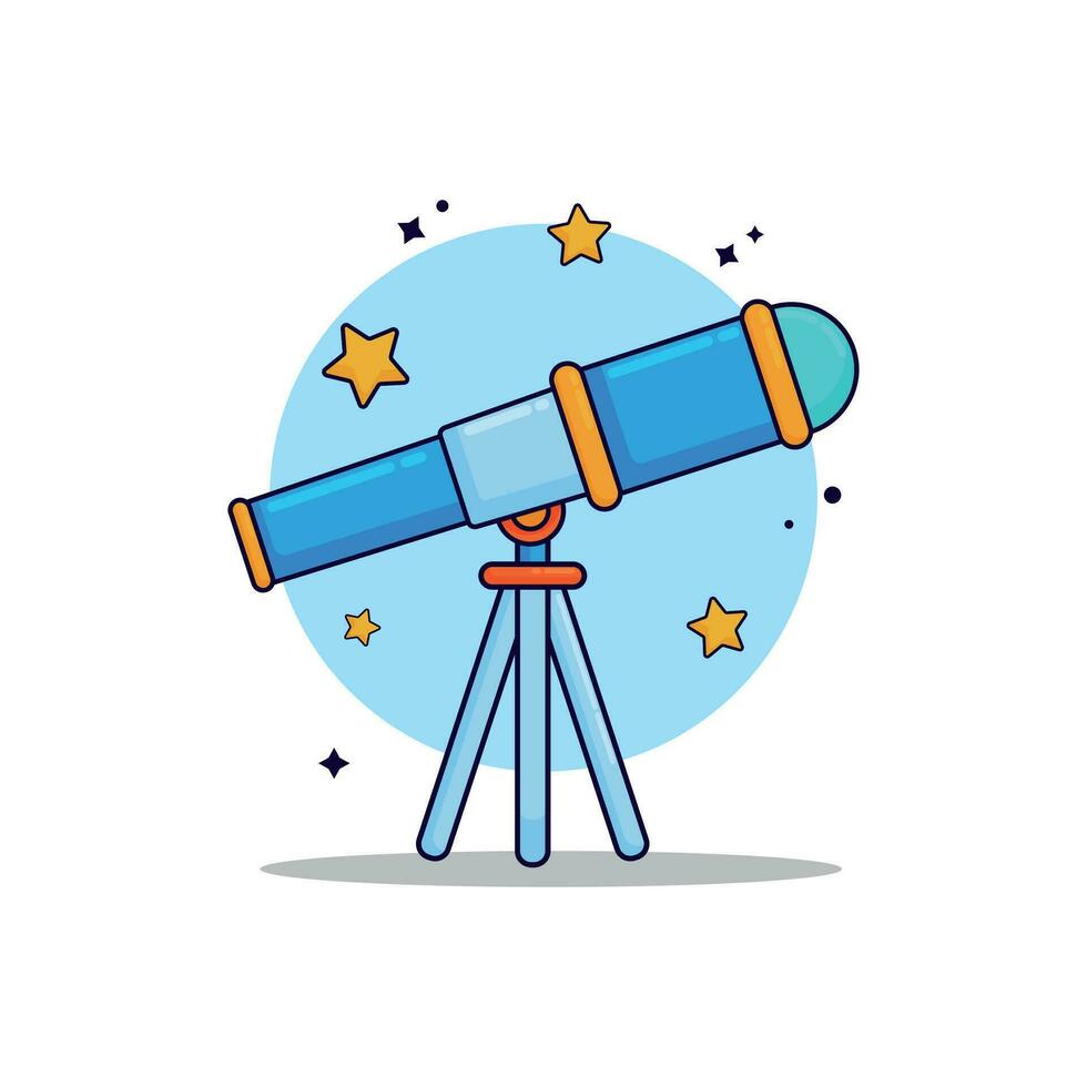 ilustración de un linda telescopio mirando a el estrellado cielo con orbital estrellas en azul y amarillo. dibujos animados estilo diseño con contento vibras, aislado en un blanco antecedentes. vector