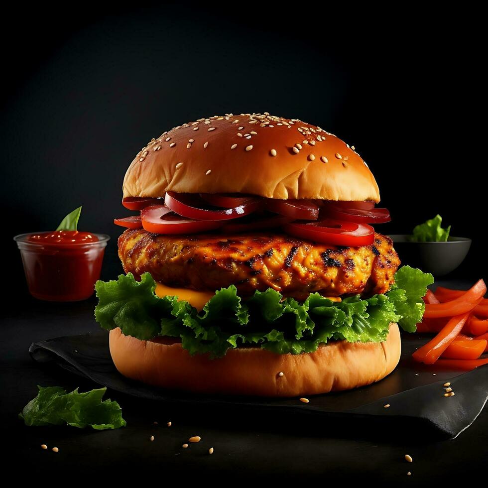 Spicy Chicken Burger. AI Generative photo
