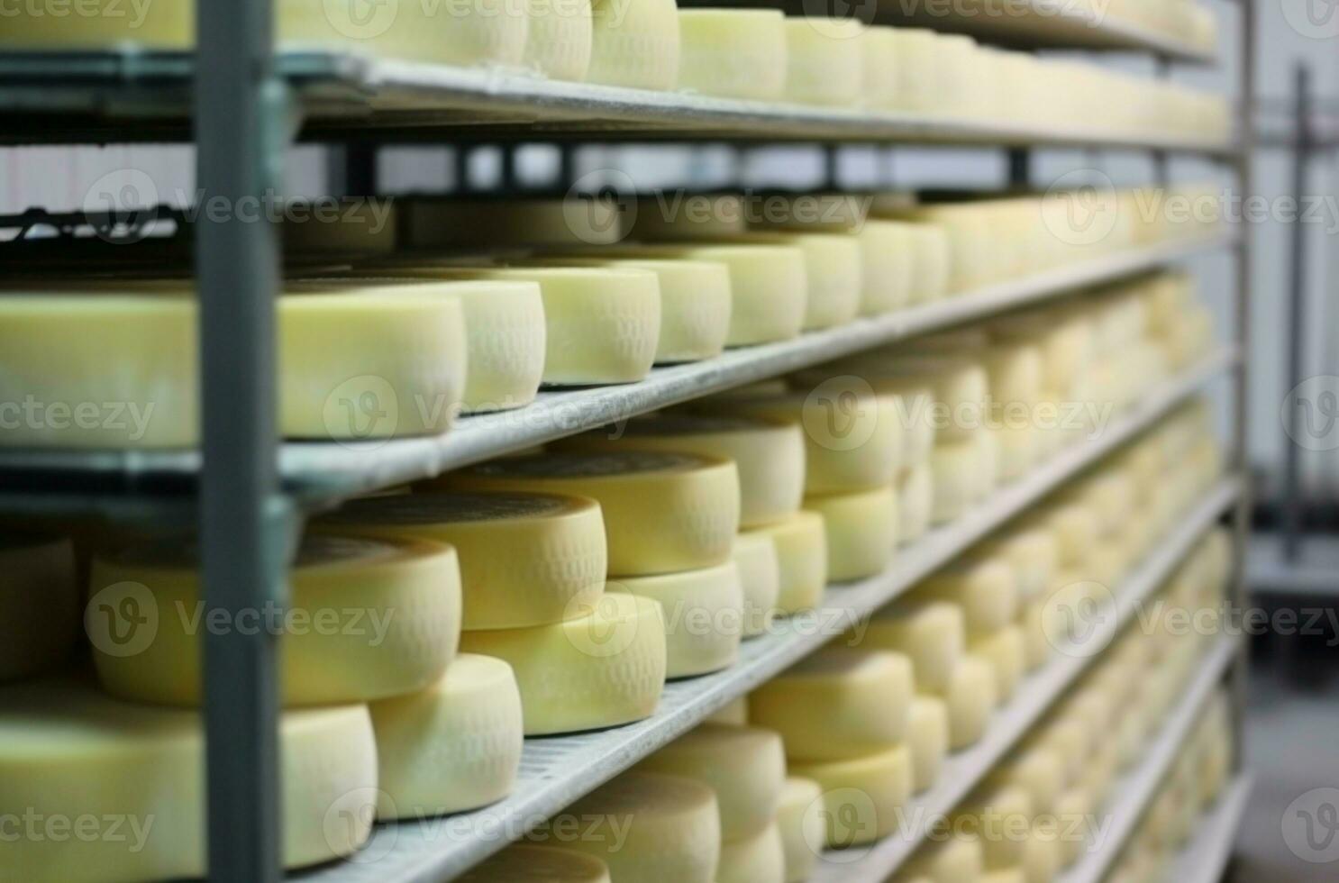 Fresh cheese heads on rack in city factory. Generate Ai photo