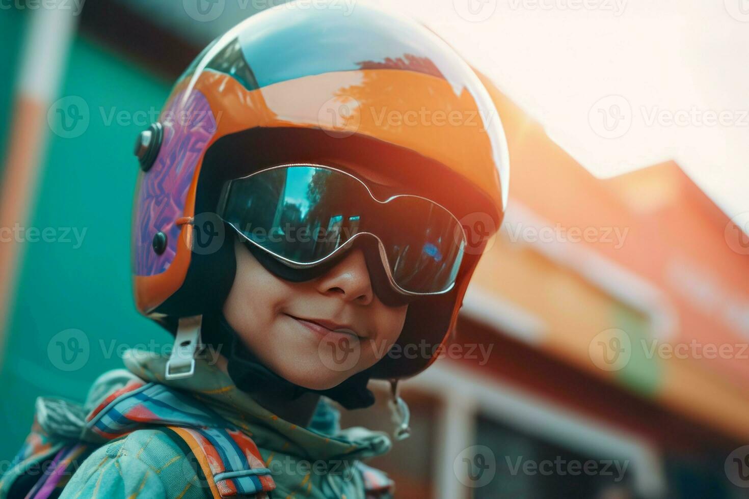 Child with helmet and glasses. Generate ai photo