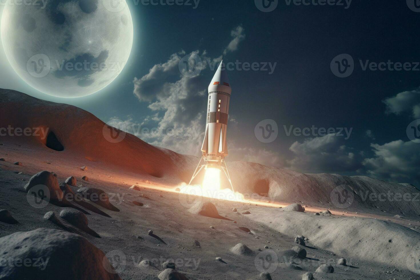 Rocket taking off moon space. Generate Ai photo