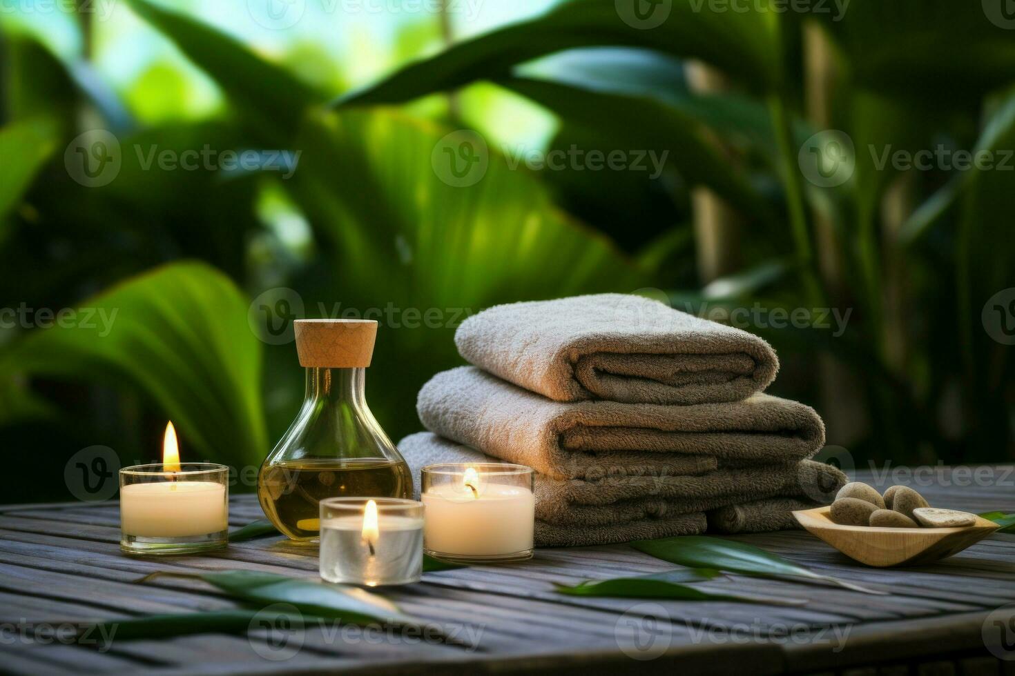 Spa setting near pool on bamboo with oil bottle. Generate Ai photo