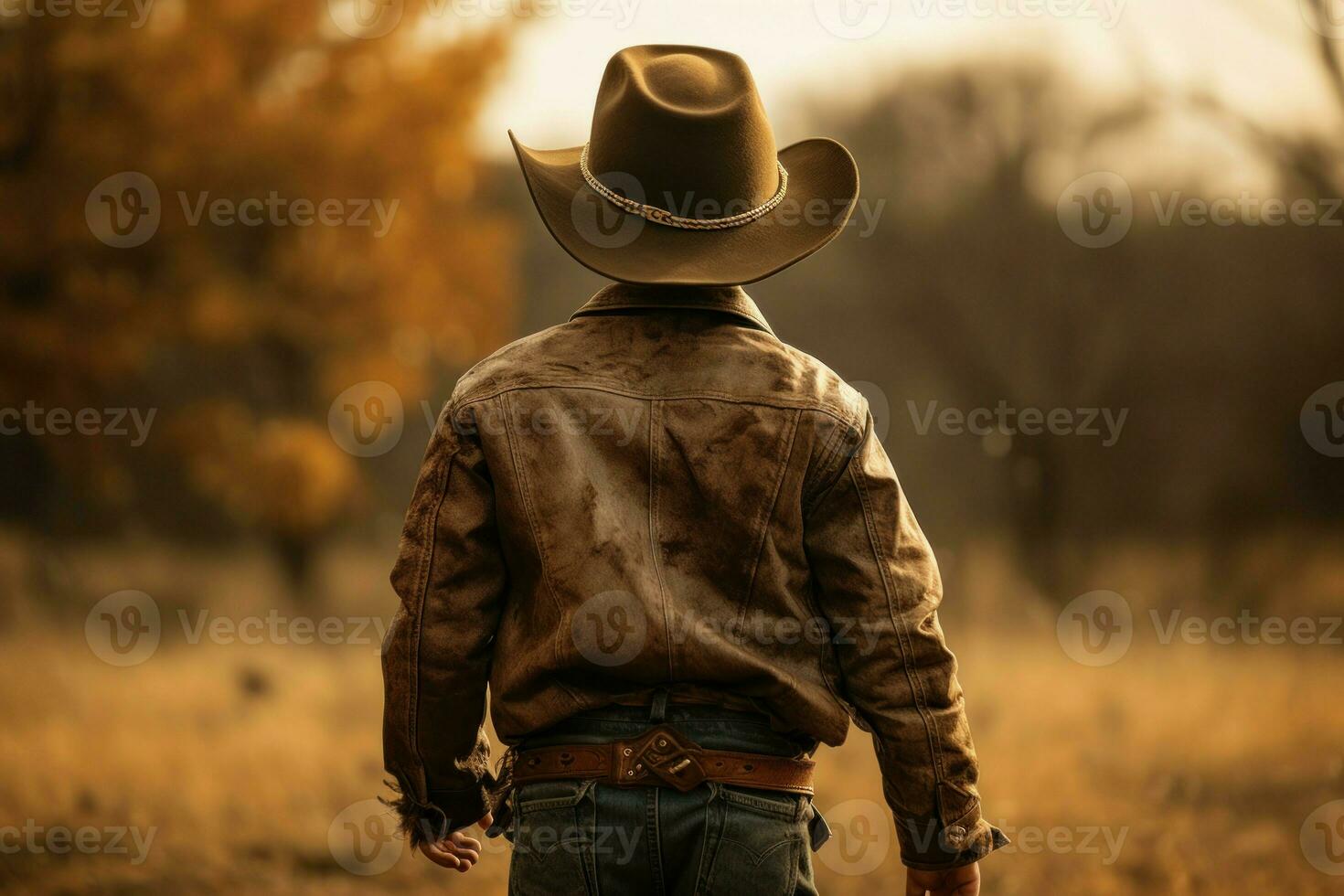 Back view courageous cowboy boy. Generate Ai photo