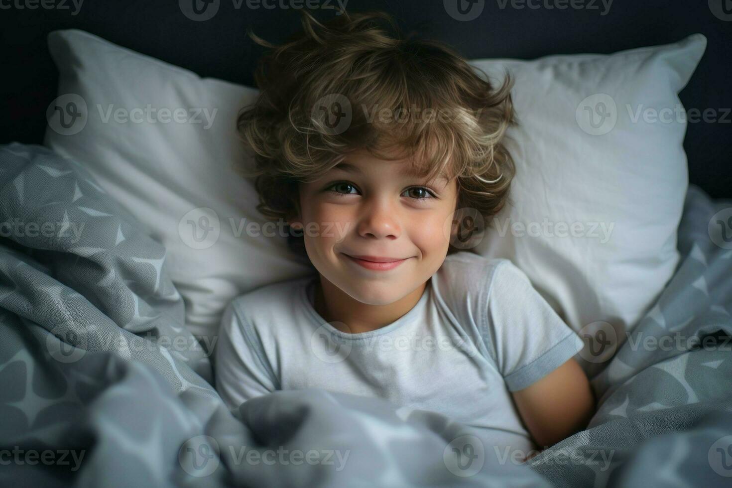 Cute little boy on bed at home rest comfort. Generate Ai photo