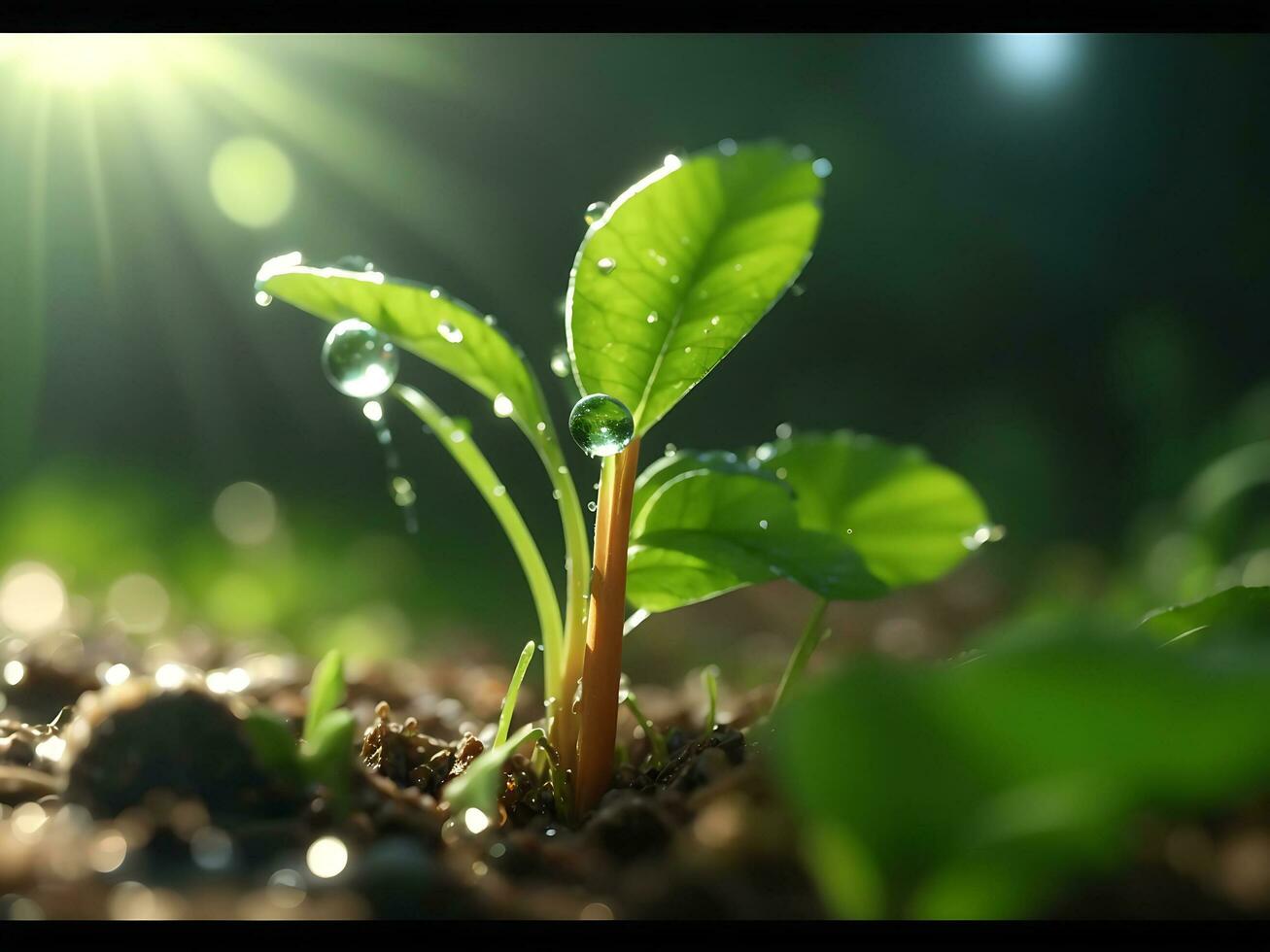 Young plant with water drops. Generate by AI photo