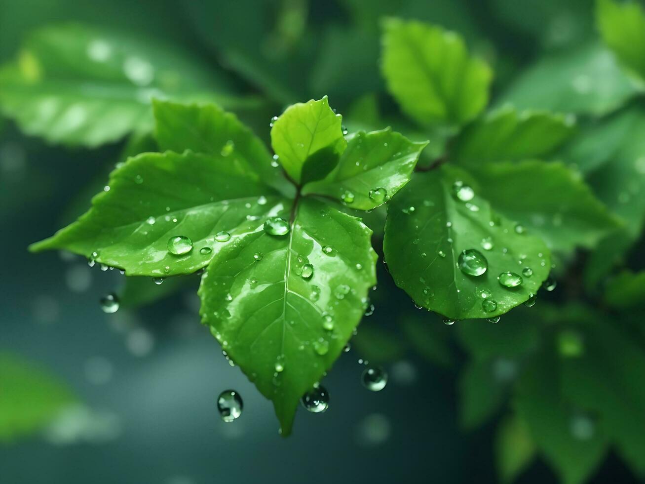 Water Drops on Green Leaf. Generate by AI photo