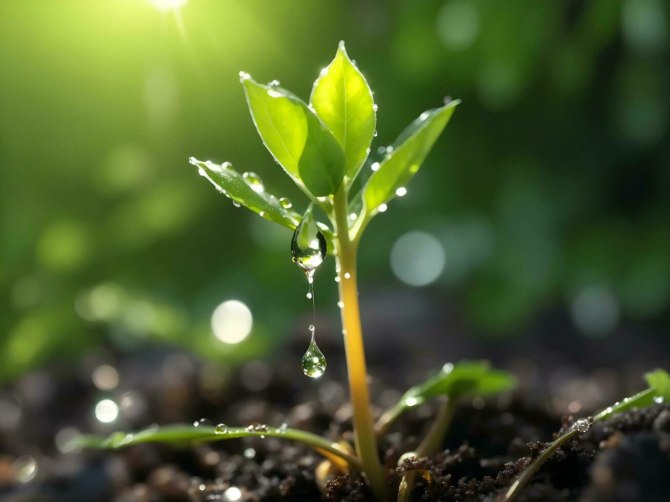 Young plant with water drops. Generate by AI photo