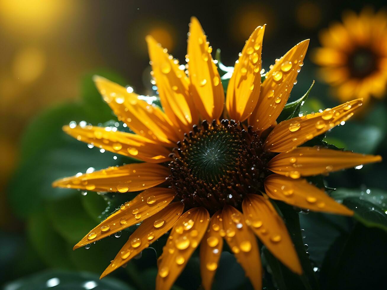 Abstract yellow sun flower with dew drops photo