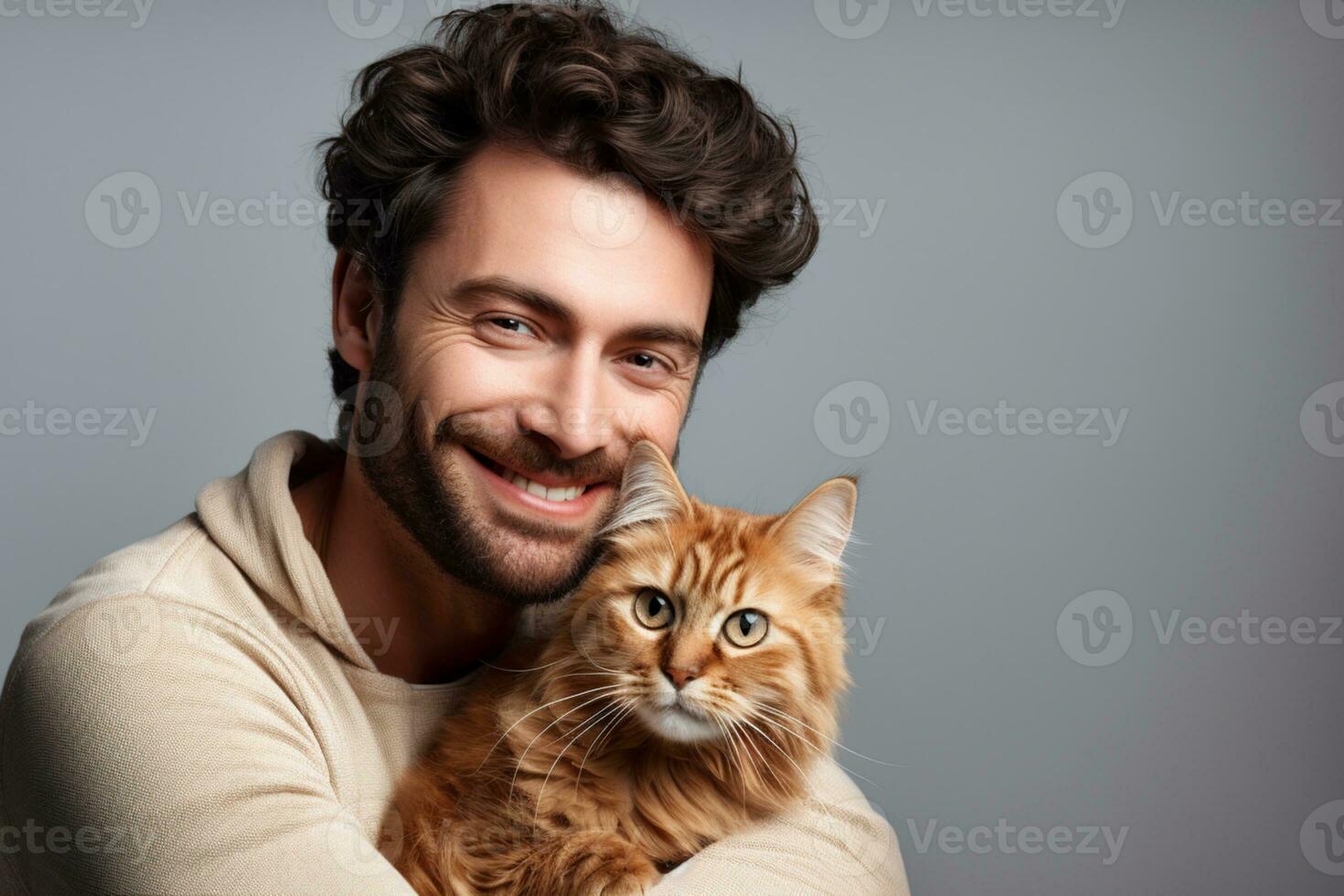 beautiful young caucasian brunette man cuddles french cat on white background ai generative photo