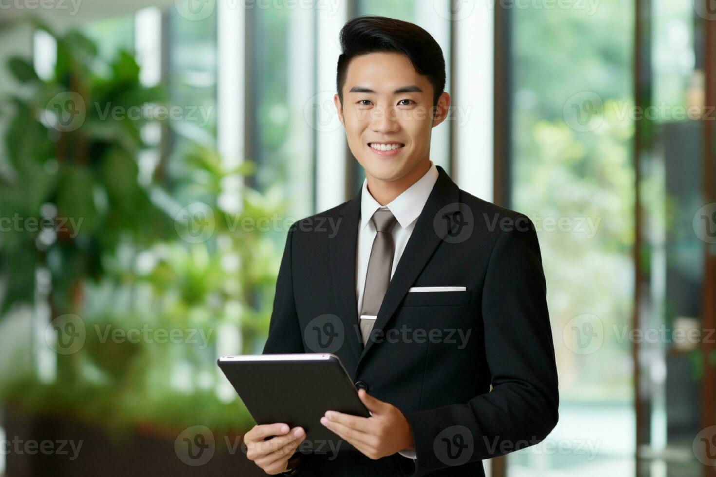 An Asian business man stands in an office working in the tablet ai generative photo
