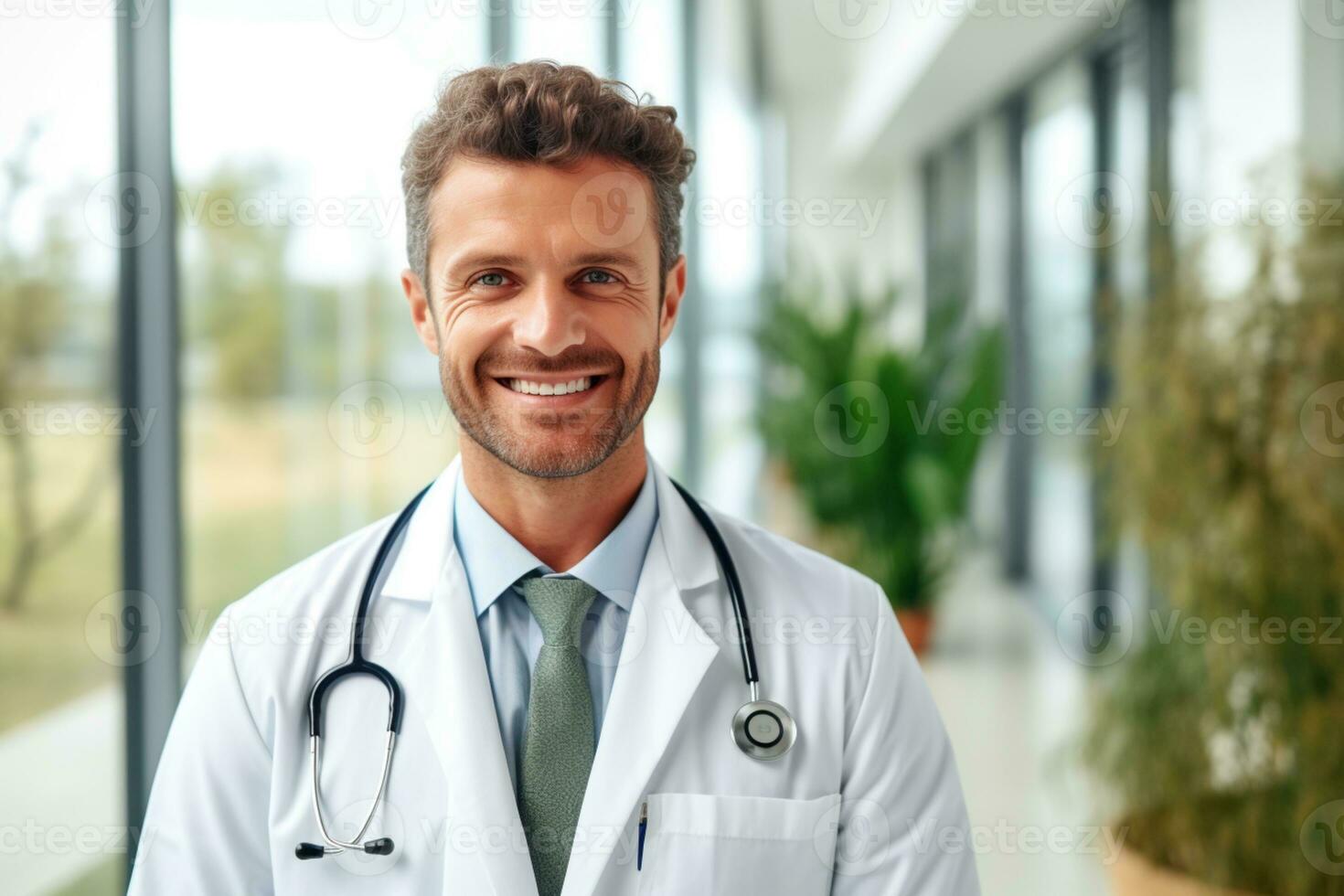 retrato de hermoso hombres médico trabajando en moderno hospital ai generativo foto