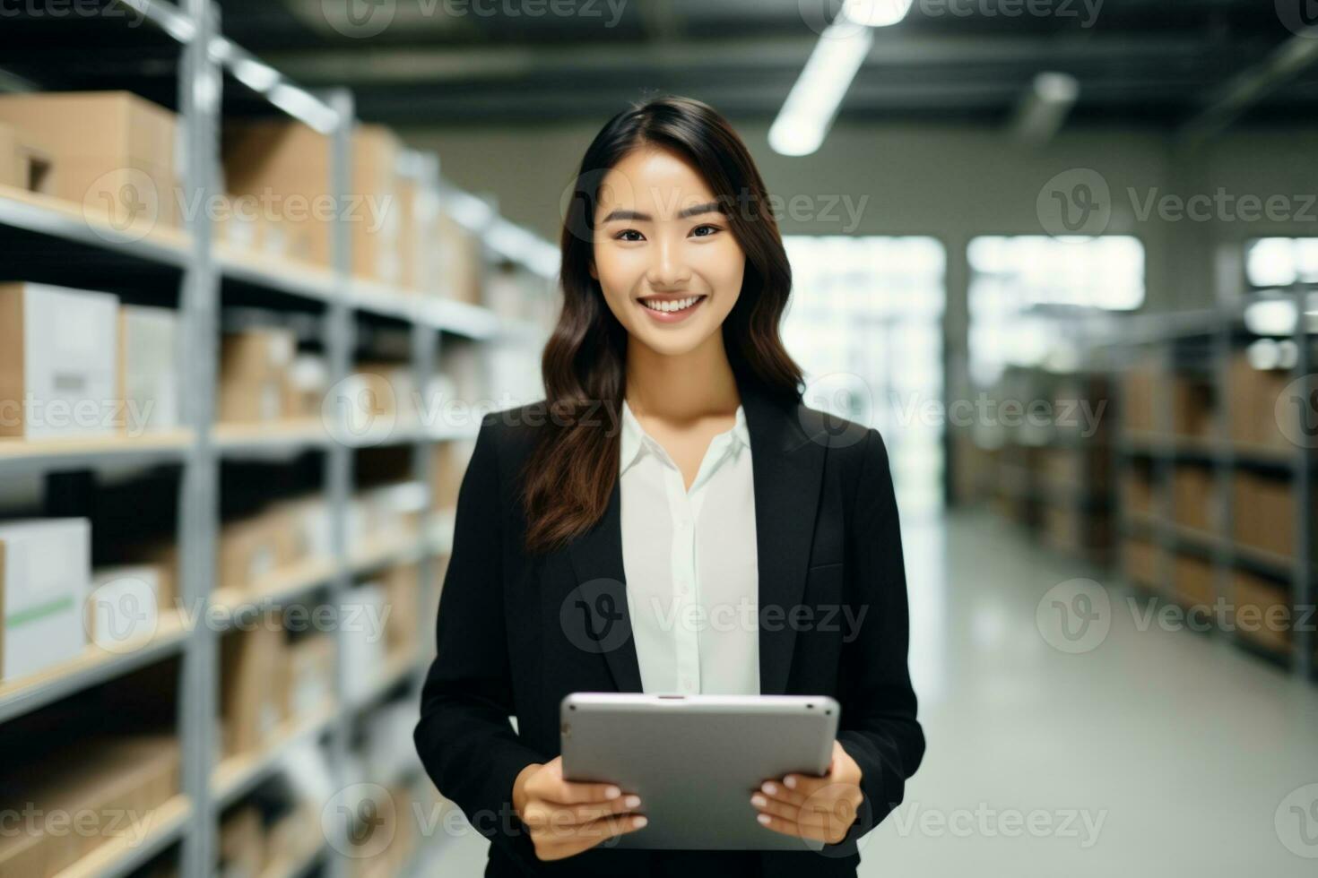 An Asian business woman stands in an office working in the tablet ai generative photo