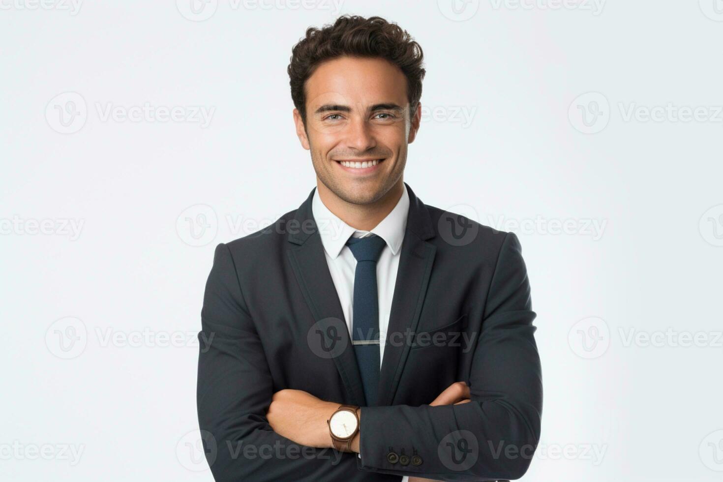 A business man stands against white background with his arms crossed. ai generative photo