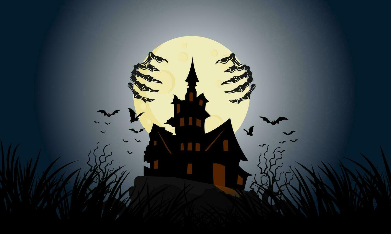 fantasma mano huesos adherirse a el lleno luna, flotante encima un oscuro y espantoso castillo en Víspera de Todos los Santos noche. enjambres de murciélagos mosca alrededor de dracula castillo imponente terminado el montañas. vector